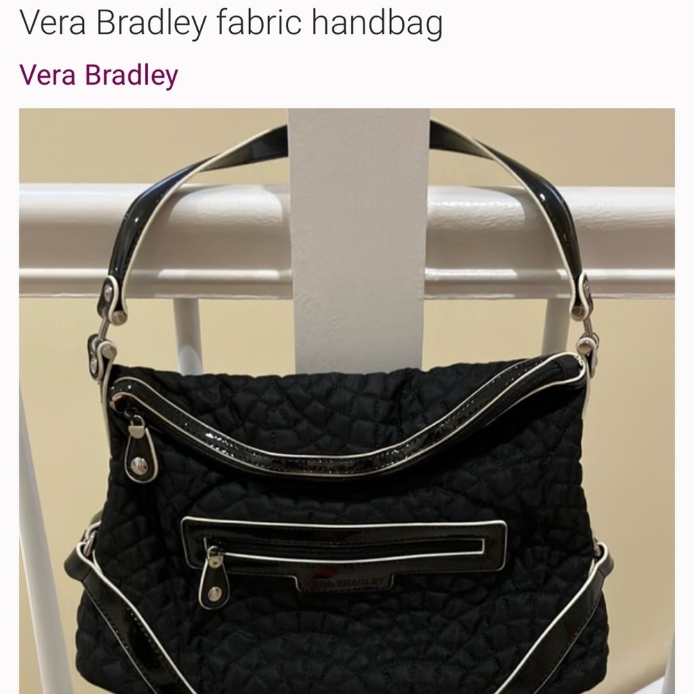 Vera Bradley Black Microfiber patent leather black & wht trim Satchel Handbag G1 - Picture 2 of 8
